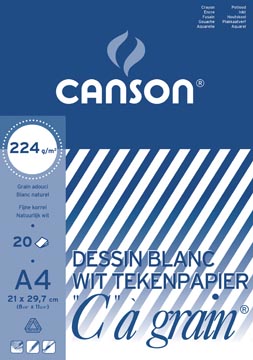 Tekenblok 20 vel 'c'a grain licht gekorreld 224gr a4 wit canson