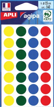 Agipa étiquettes ronds en pochette diamètre 15 mm, couleurs assorties, 140 pièces, 28 par feuille