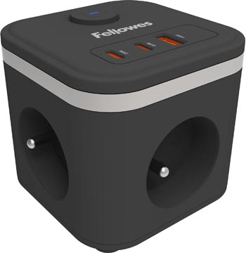 Power cube 3 stopcontacten + 1 x usb-a + 2 x usb-c zwart fellowes