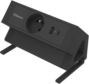 Fellowes douille Power Desk, 1 prise + 1 x USB-A + 1 x USB-C, noir, pour la Belgique
