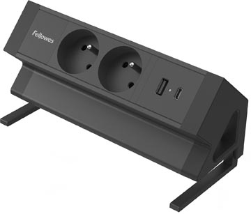Fellowes douille Power Desk 2, 2 prises + 1 x USB-A + 1 x USB-C, noir, pour la Belgique