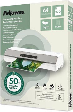 D.100 lamineeretuis 50% gerecycleerd mat 75/80 mic a4 fellowes