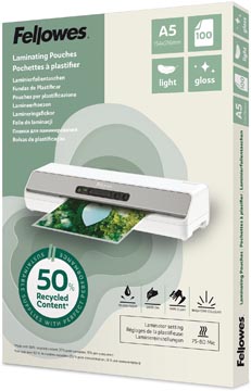 D.100 lamineeretuis 50% gerecycleerd 75/80 micron a5 fellowes