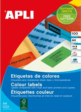 Bt.100 feuilles etiquettes 210 x 297 mm vert apli