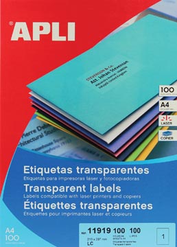 D.100 vel etiket 210 x 297 mm 1 et/vel transparant apli