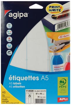 Agipa étiquettes blanches Print &amp; Write ft 97 x 46 mm (l x h), 96 pièces, 6 par feuille