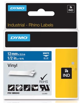 Dymo rhino ruban vinyl 12 mm x 5,5 m blanc sur bleu