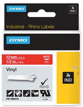 Dymo RHINO ruban vinyl 12 mm, blanc sur rouge