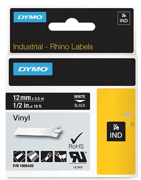 Tape dymo rhino vinyl 12mm blanc sur noir