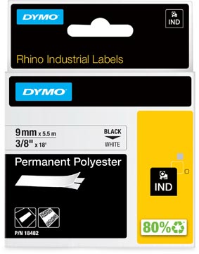 Dymo RHINO polyester permanente ruban 9 mm, noir sur blanc