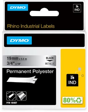 Dymo rhino tape polyester 19 mm x 5,5 m noir sur metal