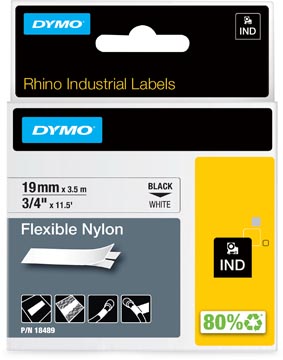 Tape dymo rhino flex nylon 19mm x 3,5m  noir sur blanc