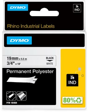 Dymo rhino tape polyester 19 mm x 5,5 m noir sur blanc