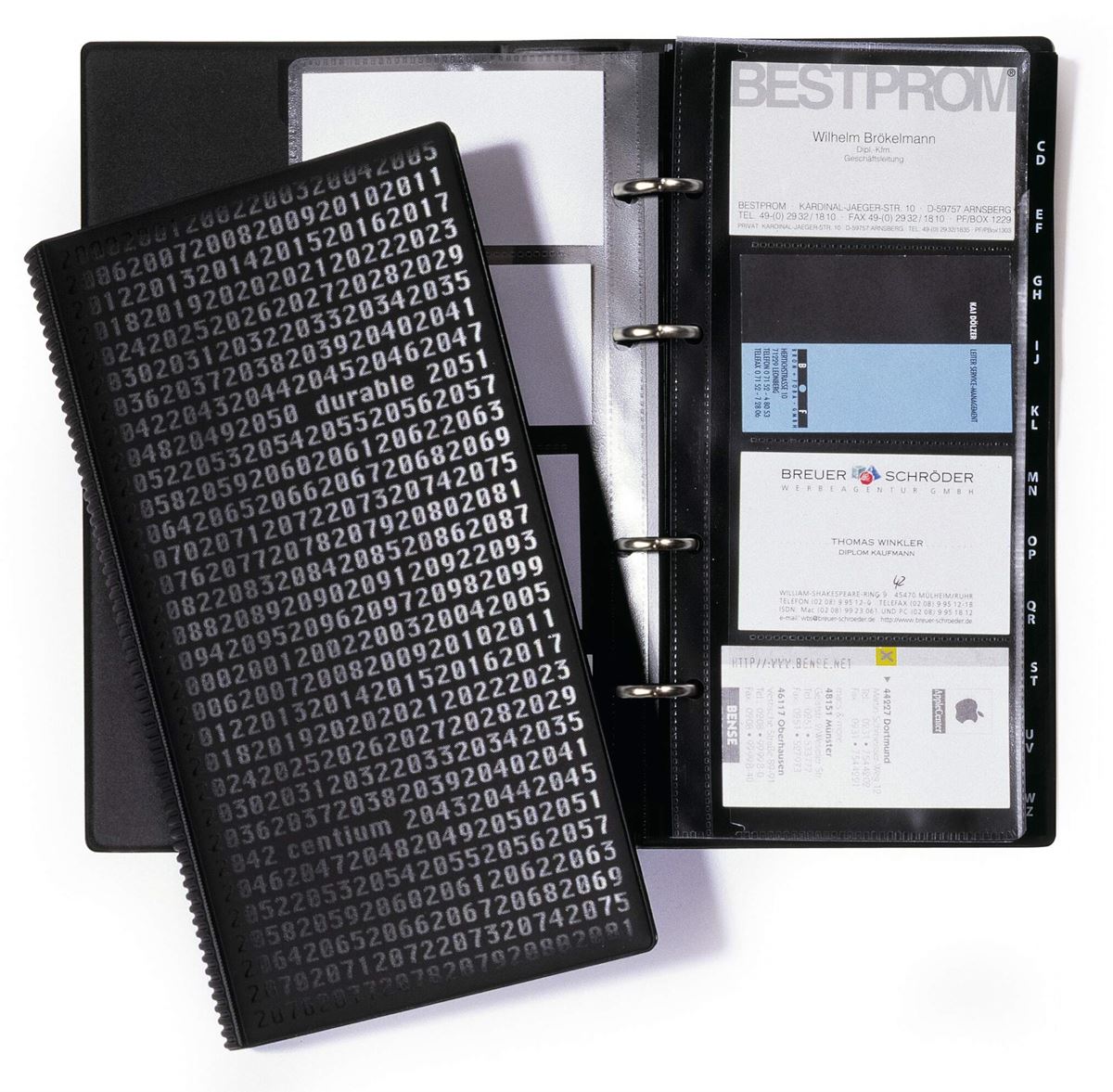 Visitekaartmap 4 ringen incl 25 hoesjes,12 bladen en register trendy zwart durable