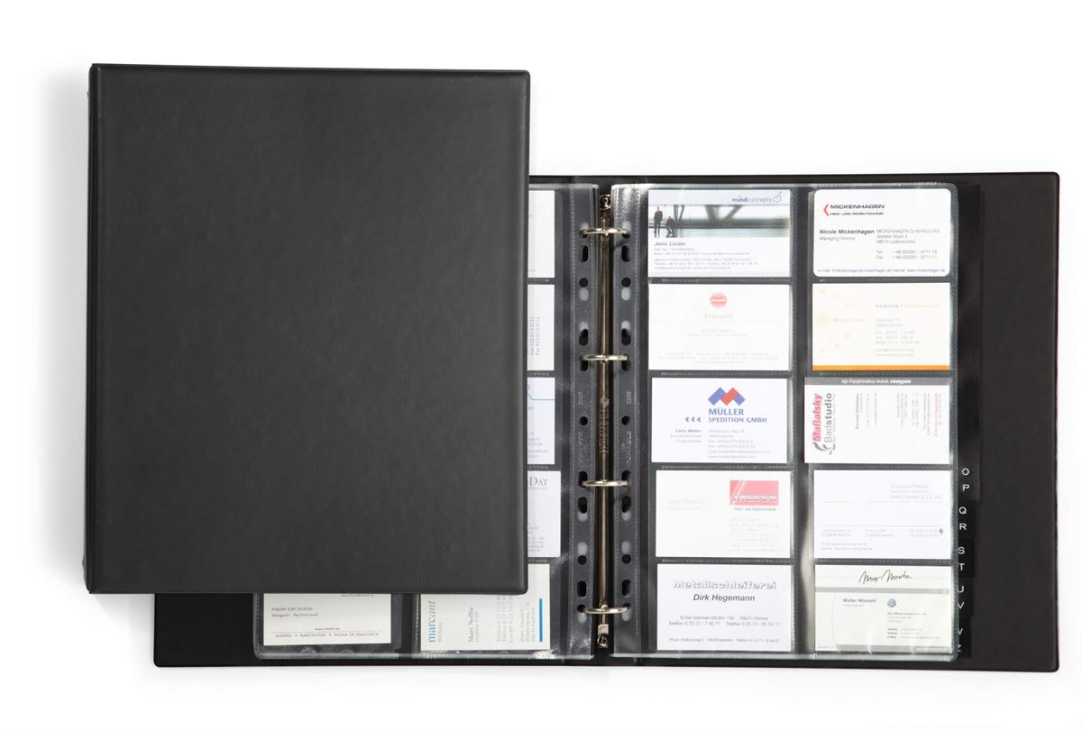 Visitekaartmap 4 ringen incl 20 tassen en register a-z a4 zwart durable