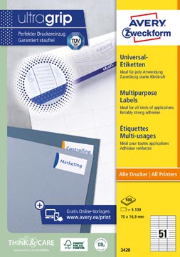 Avery Zweckform 3420, étiquettes universelles, Ultragrip, blanc, 100 feuilles, 70 x 16,9 mm