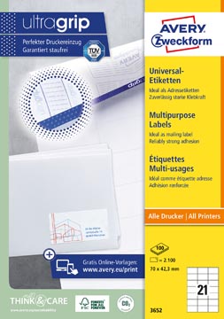 Avery Zweckform 3652, Universele etiketten, Ultragrip, wit, 100 vel, 21 per vel, 70 x 42,3 mm