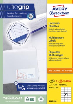Avery Zweckform 3652, étiquettes universelles, Ultragrip, blanc, 200 feuilles, 70 x 42,3 mm