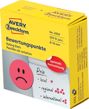 Rol 250 stuks rating dots smiley rood 19mm avery