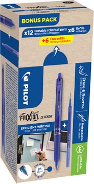 Pilot Frixion Ball Clicker, 12 rollers et 6+6 recharges 0,7 mm, bleu