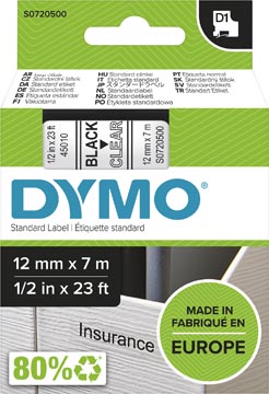 Tape dymo d1 12 mm noir sur transparant