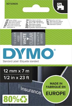 Dymo d1 tape 12mm x 7m wit op transparant