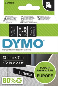 Dymo d1 tape 12mm x 7m wit op zwart