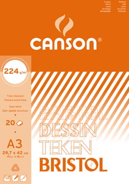 Tekenblok 20 vel bristal glad 224gr a3 wit canson