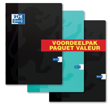 Oxford School cahier, ft A4, 72 pages (36 feuilles), geruit 10mm, paquet de 3 pièces, couleurs assorties