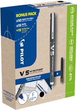 Pilot Hi-Tecpoint V5, 10 rollers + 30 recharges, fine, noir