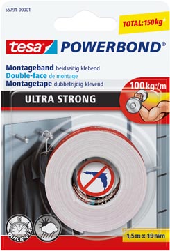 Tesa Powerbond double face de montage Ultra Strong, ft 19 mm x 5 m, blanc, sous blister