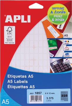 Apli étiquettes blanches Print &amp; Write ft 8 x 12 mm (l x h), 3.375 pièces, 225 par feuille (1857)