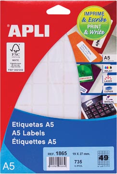 Apli étiquettes blanches Print &amp; Write ft 19 x 27 mm (l x h), 735 pièces, 49 par feuille (1865)