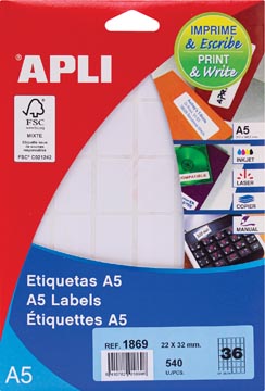 Apli étiquettes blanches Print &amp; Write ft 22 x 32 mm (l x h), 540 pièces, 36 par feuille (1869)