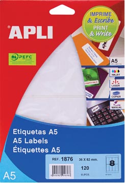Apli étiquettes blanches Print &amp; Write ft 36 x 82 mm (l x h), 120 pièces, 8 par feuille (1876)