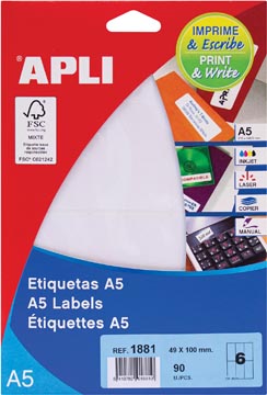 Apli étiquettes blanches Print &amp; Write ft 49 x 100 mm (l x h), 90 pièces, 6 par feuille (1881)