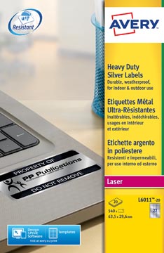 Avery L6011-20 étiquettes ultra résistantes ft 63,5 x 29,6 mm (b x h), 540 étiquettes, argent
