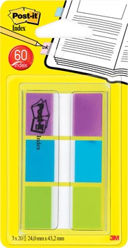 Post-it index 3 x 20 tabs 25 x 43 mm violet, bleu, vert
