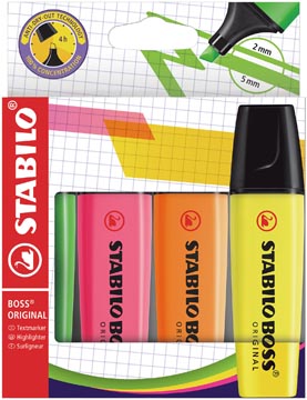 Etui 4 markeerstiften geel/groen/oranje/roze stabilo boss