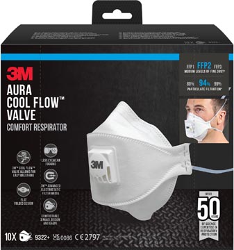 3M Aura Comfort Cool Flow masque, FFP2, avec valve, paquet de 10 pièces