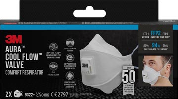 3M Aura Comfort Cool Flow masque, FFP2, avec valve, paquet de 2 pièces