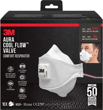 3M Aura Comfort Cool Flow masque, FFP3, avec valve, paquet de 10 pièces