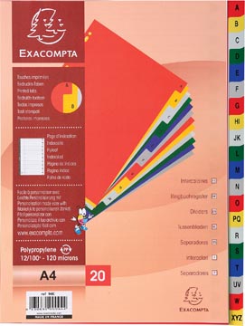 Exacompta intercalaires pour ft A4, en PP, de A à Z, 20 onglets, index, couleurs assorties