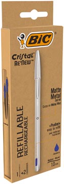 Bic stylo à bille Cristal Re-new, corps argent, encre bleu, boîte de 1 pièce et 2 recharges