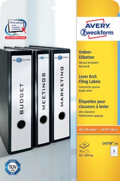 Avery Zweckform L4759-25 étiquettes pour classeurs à levier ft 29,7 x 6,1 cm (b x h), 75 étiquettes, blan