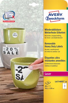Avery étiquettes enlevables résistantes à l'humidité Ft 99,1 x139 mm (l x h), blanc boîte de 80 pièces