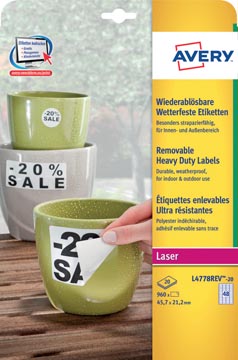 B.20 feuilles etiquettes enlevables resistantes a l'humidite 45,7 x 21,2 mm avery