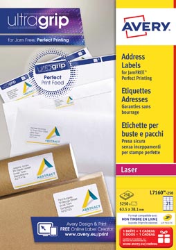 D.250 vel laseretiket 63,5 x 38,1 mm 21 etiket/vel avery