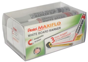 Pentel marqueur pour tableaux blancs Maxiflo jeu de 4 pièces: bleu, rouge, vert et noir + frotteur mag...