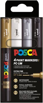 Uni POSCA marqueur peinture PC-1MC, 0,7 - 1 mm, étui de 4 pièces, or, argent, blanc et noir